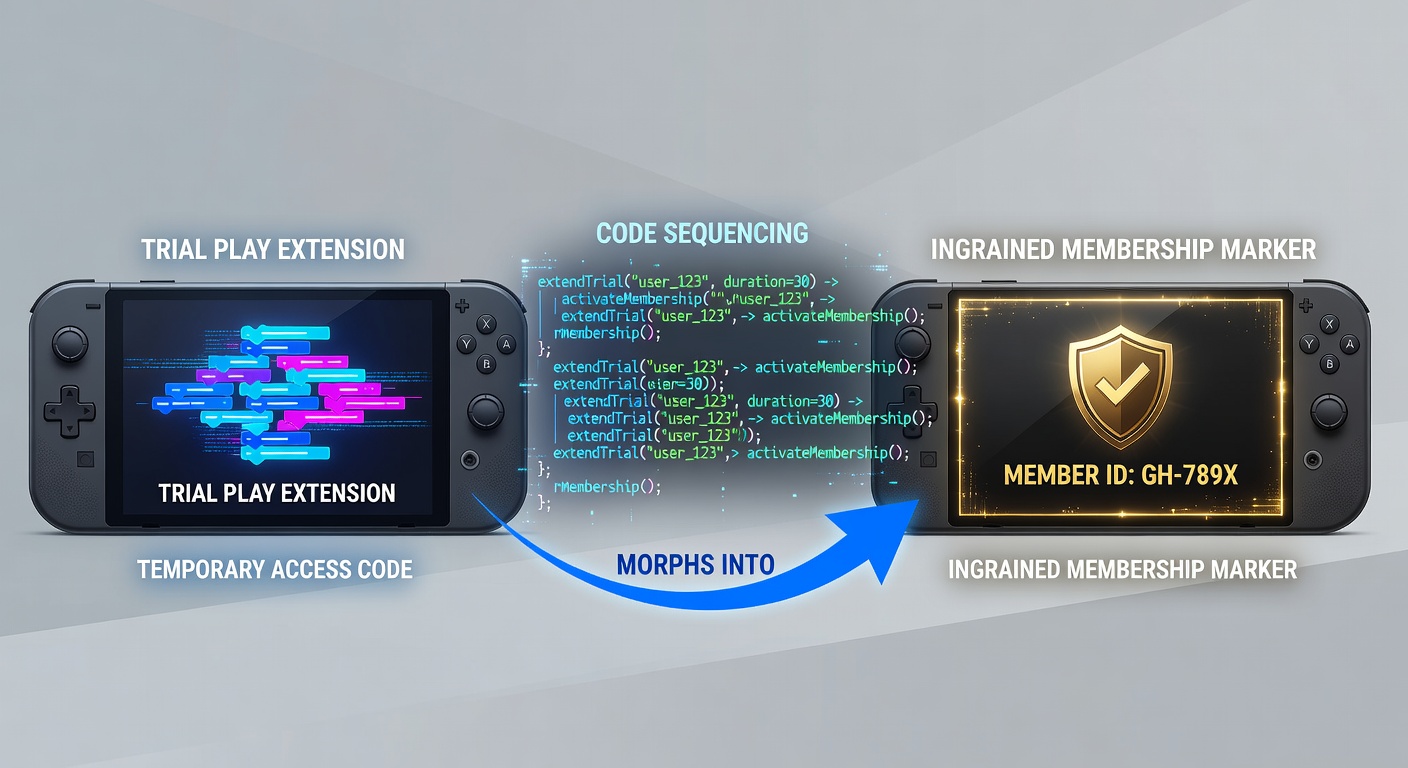 Handheld gaming platform interface showing trial play session transitioning to membership code entry screen