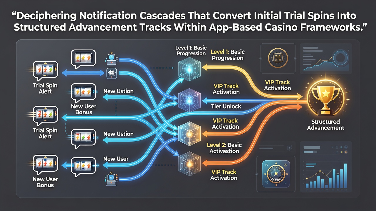 Mobile app interface showing notification sequences guiding users from trial spins to loyalty progression in casino frameworks