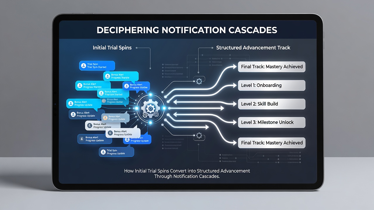 Flow diagram illustrating how app notifications link trial spins to tiered loyalty milestones in casino applications