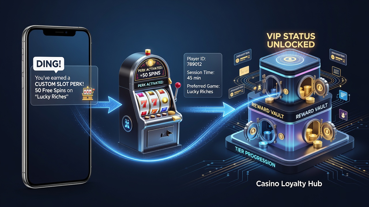 Casino mobile app displaying a personalized slot notification with bonus details and loyalty tier progress