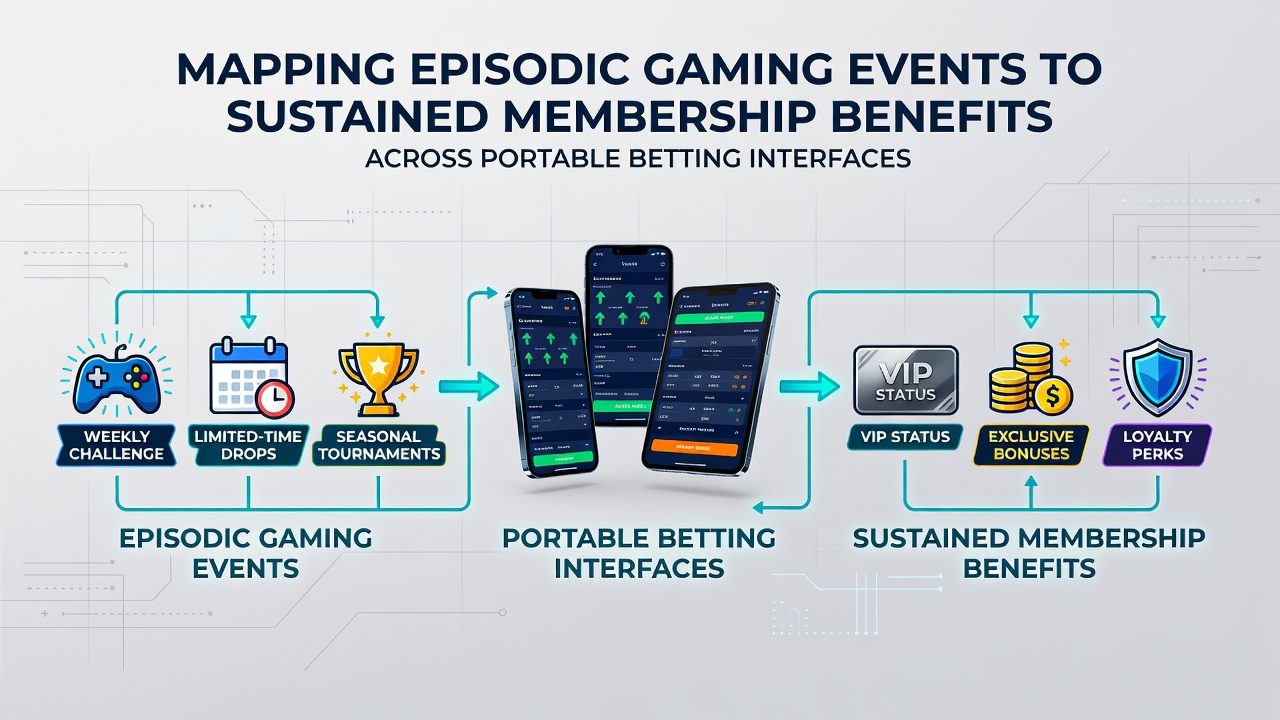 Data flow diagram illustrating episodic gaming events mapped to membership benefits in portable betting apps