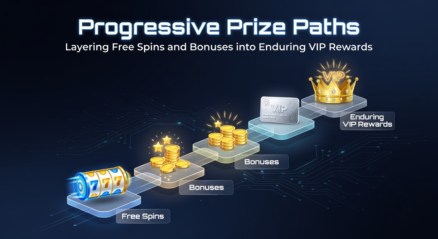 Visual representation of a winding prize path ascending through tiers of free spins, bonuses, and VIP perks in a casino loyalty program