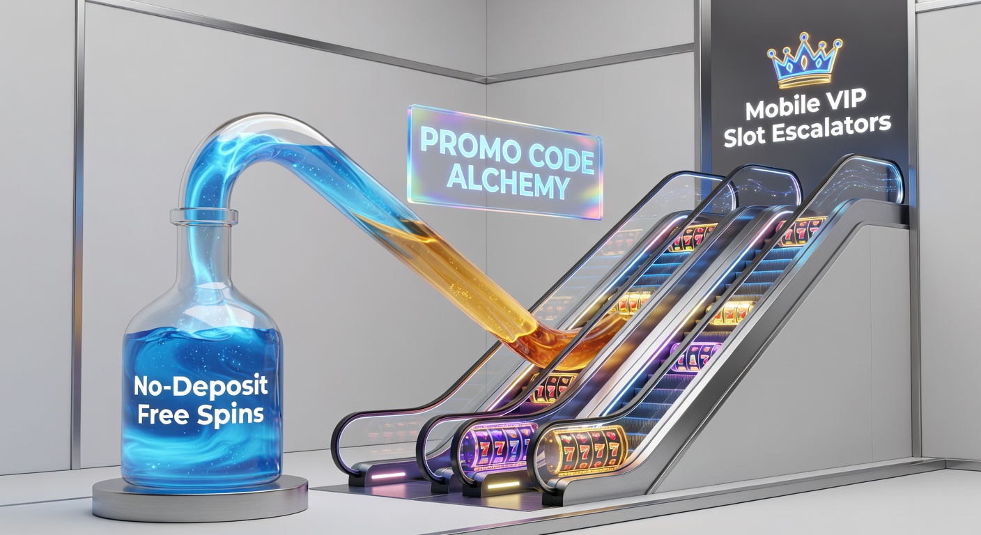 Digital alchemy process showing promo codes unlocking free spins that climb a glowing VIP slot ladder on a mobile screen