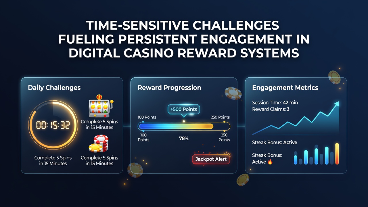Mobile screen showing active time-limited casino challenges with progress indicators and reward previews