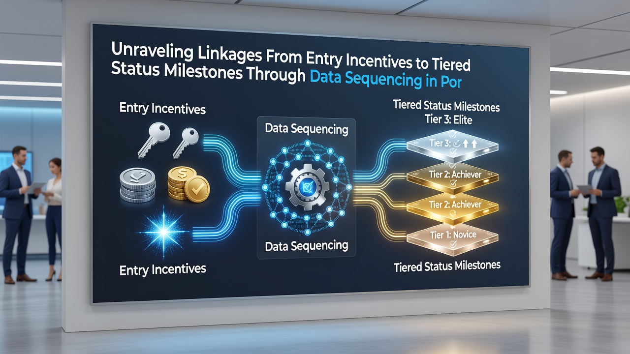 Diagram showing mobile app interfaces with sequenced data points advancing users from entry incentives to VIP status levels